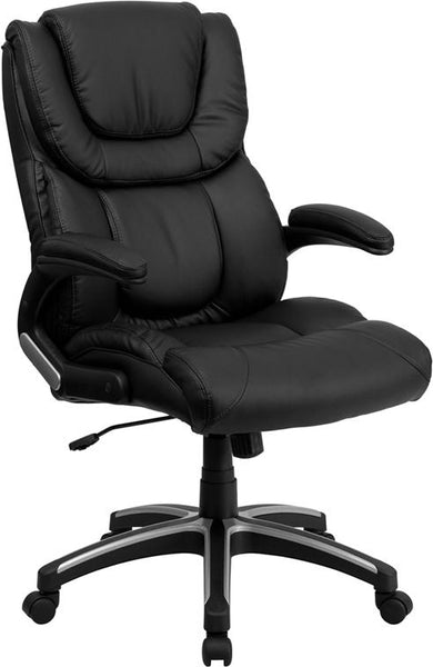 Flash Furniture High Back Black Leather Executive Swivel Chair with Double Layered Headrest and Open Arms - BT-9896H-GG