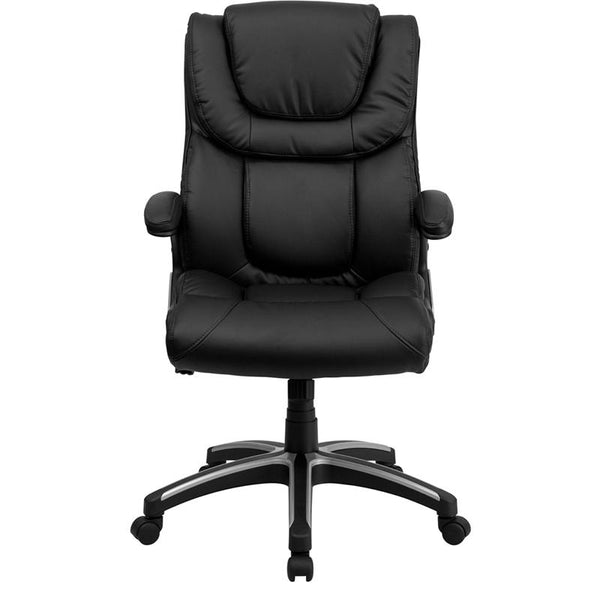Flash Furniture High Back Black Leather Executive Swivel Chair with Double Layered Headrest and Open Arms - BT-9896H-GG