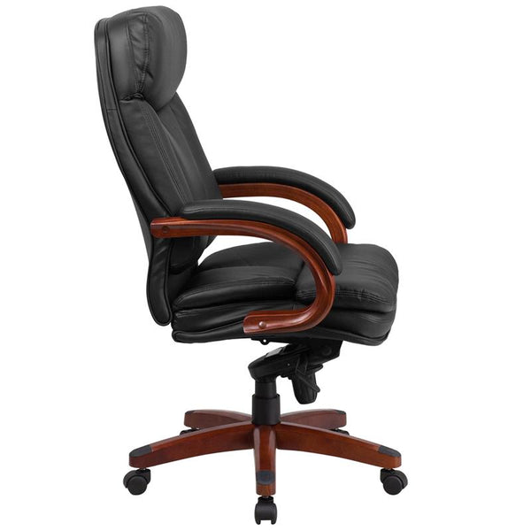Flash Furniture High Back Black Leather Executive Swivel Chair with Synchro-Tilt Mechanism, Mahogany Wood Base and Arms - BT-90171H-S-GG