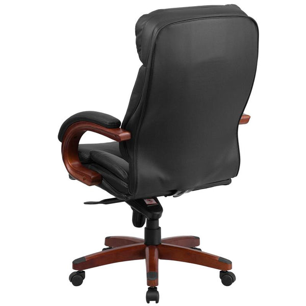 Flash Furniture High Back Black Leather Executive Swivel Chair with Synchro-Tilt Mechanism, Mahogany Wood Base and Arms - BT-90171H-S-GG