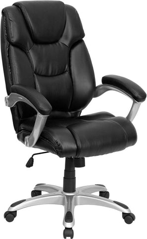 Flash Furniture High Back Black Leather Layered Upholstered Executive Swivel Chair with Silver Nylon Base and Arms - GO-931H-BK-GG