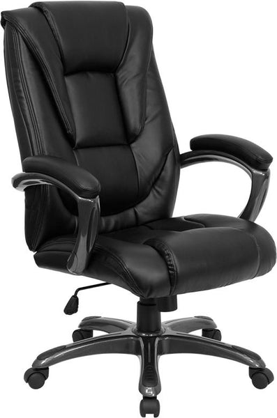 Flash Furniture High Back Black Leather Layered Upholstered Executive Swivel Chair with Smoke Metal Base and Padded Arms - GO-7194B-BK-GG