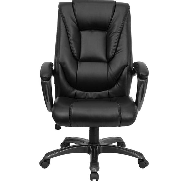 Flash Furniture High Back Black Leather Layered Upholstered Executive Swivel Chair with Smoke Metal Base and Padded Arms - GO-7194B-BK-GG