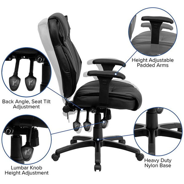 Flash Furniture High Back Black Leather Multifunction Executive Swivel Chair with Lumbar Support Knob with Arms - BT-9835H-GG
