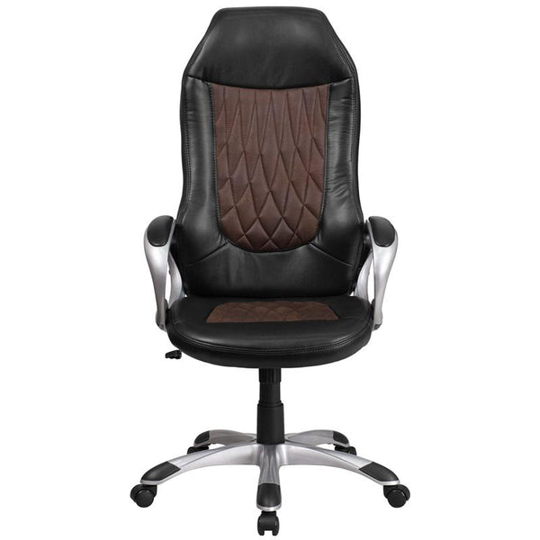Flash Furniture High Back Brown Fabric and Black Vinyl Executive Swivel Chair with Arms - CH-CX0906H-GG