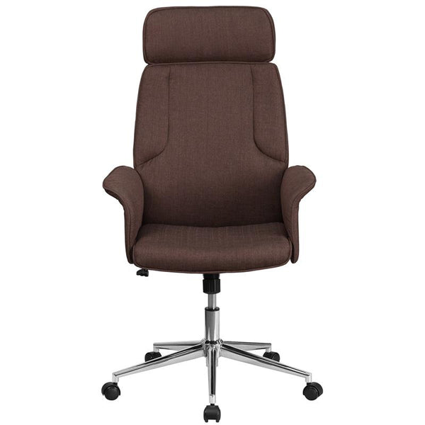 Flash Furniture High Back Brown Fabric Executive Swivel Chair with Chrome Base and Fully Upholstered Arms - CH-CX0944H-BN-GG