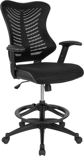 Flash Furniture High Back Designer Black Mesh Drafting Chair with Leather Sides and Adjustable Arms - BL-LB-8816D-GG
