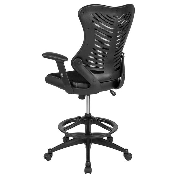 Flash Furniture High Back Designer Black Mesh Drafting Chair with Leather Sides and Adjustable Arms - BL-LB-8816D-GG