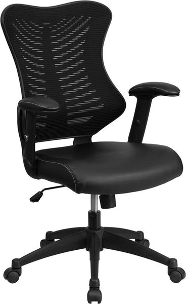 Flash Furniture High Back Designer Black Mesh Executive Swivel Chair with Leather Seat and Adjustable Arms - BL-ZP-806-BK-LEA-GG
