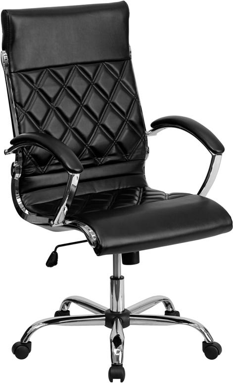 Flash Furniture High Back Designer Quilted Black Leather Executive Swivel Chair with Chrome Base and Arms - GO-1297H-HIGH-BK-GG