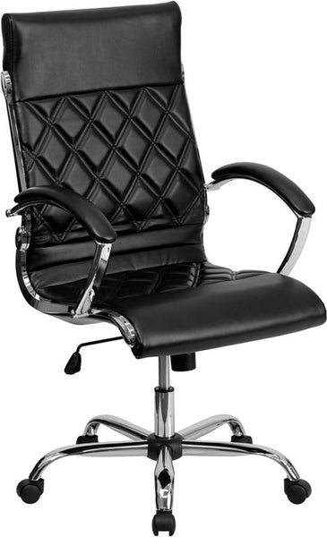 Flash Furniture High Back Designer Quilted Black Leather Executive Swivel Chair with Chrome Base and Arms - GO-1297H-HIGH-BK-GG