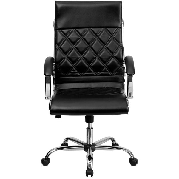 Flash Furniture High Back Designer Quilted Black Leather Executive Swivel Chair with Chrome Base and Arms - GO-1297H-HIGH-BK-GG