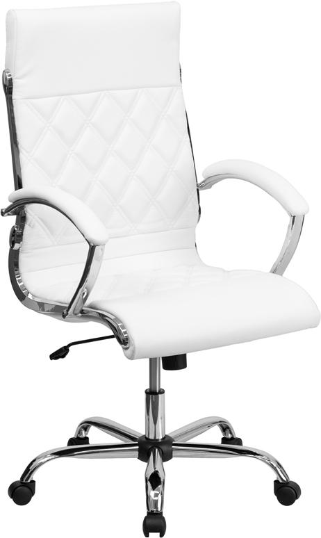 Flash Furniture High Back Designer Quilted White Leather Executive Swivel Chair with Chrome Base and Arms - GO-1297H-HIGH-WHITE-GG