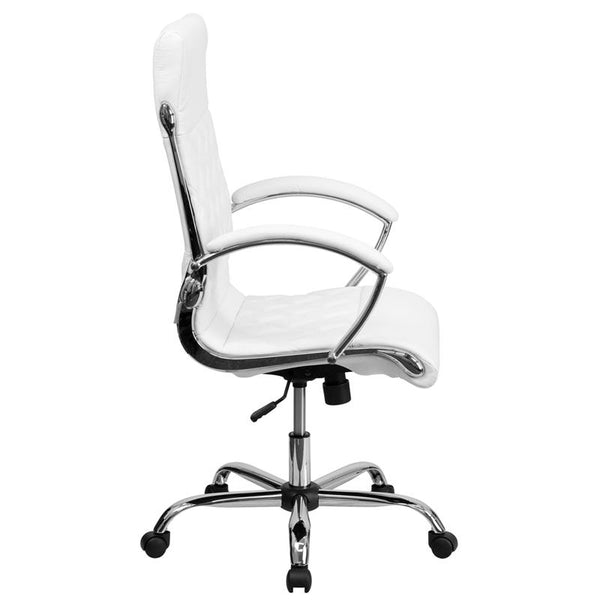 Flash Furniture High Back Designer Quilted White Leather Executive Swivel Chair with Chrome Base and Arms - GO-1297H-HIGH-WHITE-GG