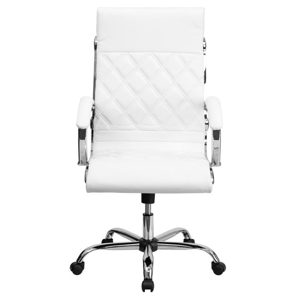 Flash Furniture High Back Designer Quilted White Leather Executive Swivel Chair with Chrome Base and Arms - GO-1297H-HIGH-WHITE-GG