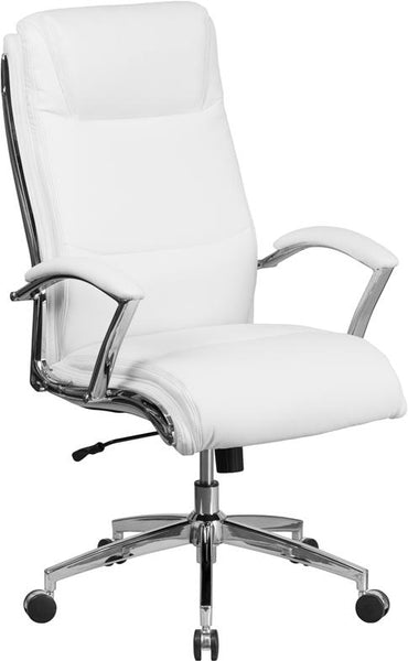 Flash Furniture High Back Designer White Leather Smooth Upholstered Executive Swivel Chair with Chrome Base and Arms - GO-2192-WH-GG