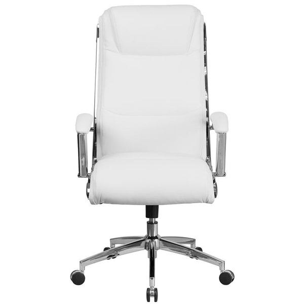 Flash Furniture High Back Designer White Leather Smooth Upholstered Executive Swivel Chair with Chrome Base and Arms - GO-2192-WH-GG