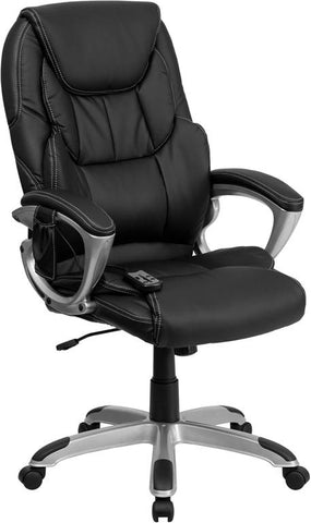 Flash Furniture High Back Massaging Black Leather Executive Swivel Chair with Silver Base and Arms - BT-9806HP-2-GG