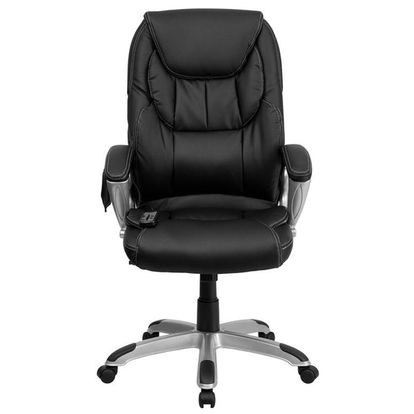 Flash Furniture High Back Massaging Black Leather Executive Swivel Chair with Silver Base and Arms - BT-9806HP-2-GG