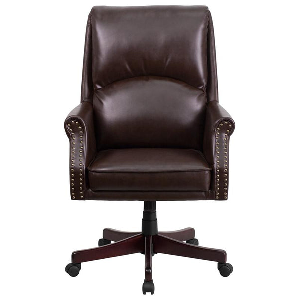 Flash Furniture High Back Pillow Back Brown Leather Executive Swivel Chair with Arms - BT-9025H-2-BN-GG