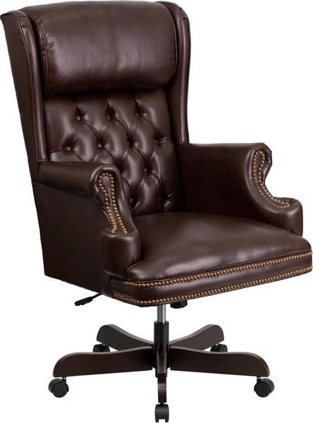 Flash Furniture High Back Traditional Tufted Brown Leather Executive Swivel Chair with Oversized Headrest and Nail Trim Arms - CI-J600-BRN-GG