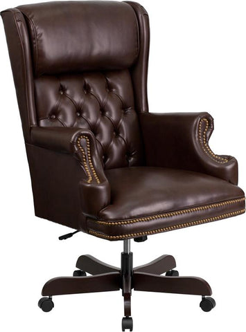 Flash Furniture High Back Traditional Tufted Brown Leather Executive Swivel Chair with Oversized Headrest and Nail Trim Arms - CI-J600-BRN-GG