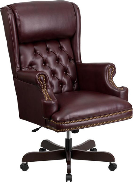 Flash Furniture High Back Traditional Tufted Burgundy Leather Executive Swivel Chair with Oversized Headrest and Nail Trim Arms - CI-J600-BY-GG