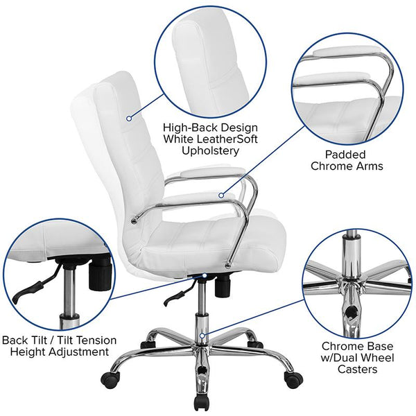 Flash Furniture High Back White Leather Executive Swivel Chair with Chrome Base and Arms - GO-2286H-WH-GG