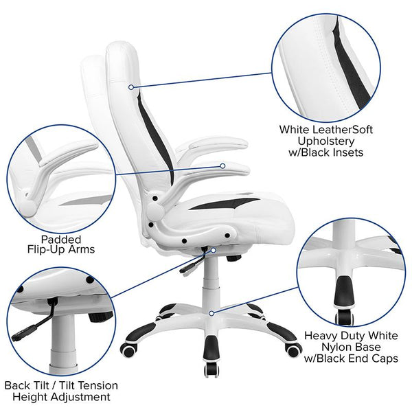 Flash Furniture High Back White Leather Executive Swivel Chair with Flip-Up Arms - CH-CX0176H06-WH-GG