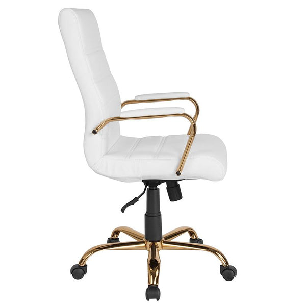 Flash Furniture High Back White Leather Executive Swivel Chair with Gold Frame and Arms - GO-2286H-WH-GLD-GG