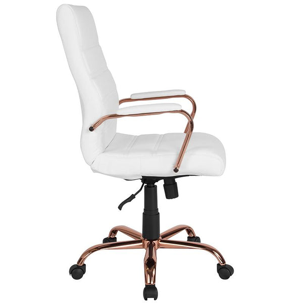 Flash Furniture High Back White Leather Executive Swivel Chair with Rose Gold Frame and Arms - GO-2286H-WH-RSGLD-GG