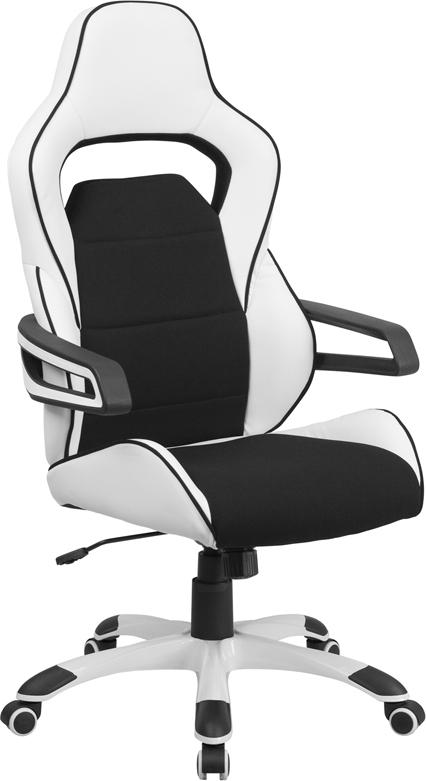 Flash Furniture High Back White Vinyl Executive Swivel Chair with Black Fabric Inserts and Arms - CH-CX0713H01-GG