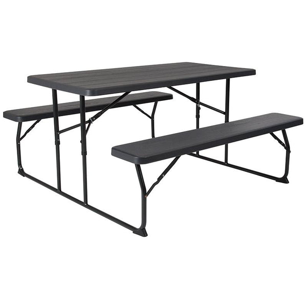 Flash Furniture Insta-Fold Charcoal Wood Grain Folding Picnic Table and Benches - RB-EBB-1470FD-GG