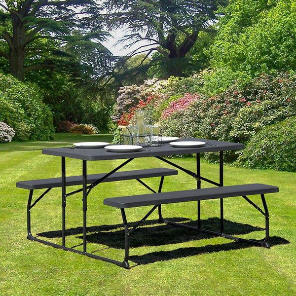 Flash Furniture Insta-Fold Charcoal Wood Grain Folding Picnic Table and Benches - RB-EBB-1470FD-GG