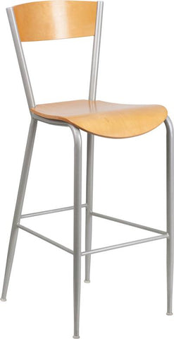 Flash Furniture Invincible Series Silver Metal Restaurant Barstool - Natural Wood Back & Seat - XU-DG-60218-NAT-GG