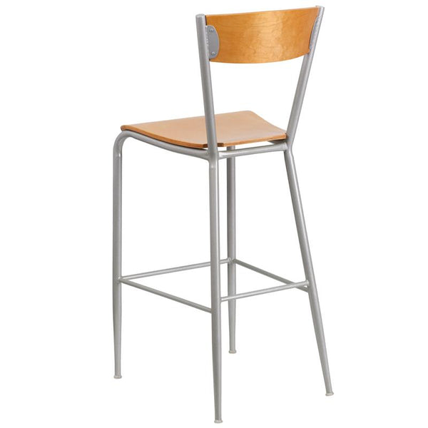 Flash Furniture Invincible Series Silver Metal Restaurant Barstool - Natural Wood Back & Seat - XU-DG-60218-NAT-GG