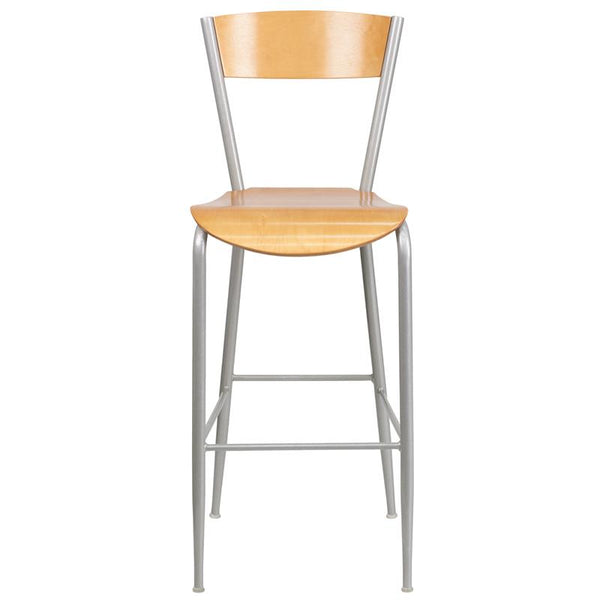 Flash Furniture Invincible Series Silver Metal Restaurant Barstool - Natural Wood Back & Seat - XU-DG-60218-NAT-GG