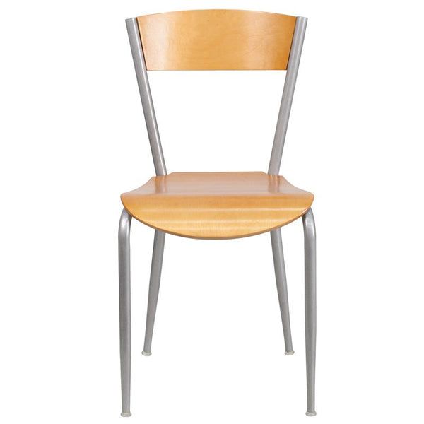 Flash Furniture Invincible Series Silver Metal Restaurant Chair - Natural Wood Back & Seat - XU-DG-60217-NAT-GG