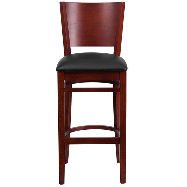 Flash Furniture Lacey Series Solid Back Mahogany Wood Restaurant Barstool - Black Vinyl Seat - XU-DG-W0094BAR-MAH-BLKV-GG