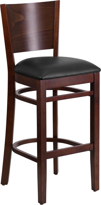 Flash Furniture Lacey Series Solid Back Walnut Wood Restaurant Barstool - Black Vinyl Seat - XU-DG-W0094BAR-WAL-BLKV-GG