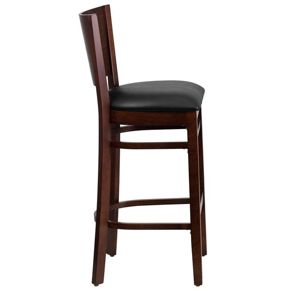 Flash Furniture Lacey Series Solid Back Walnut Wood Restaurant Barstool - Black Vinyl Seat - XU-DG-W0094BAR-WAL-BLKV-GG