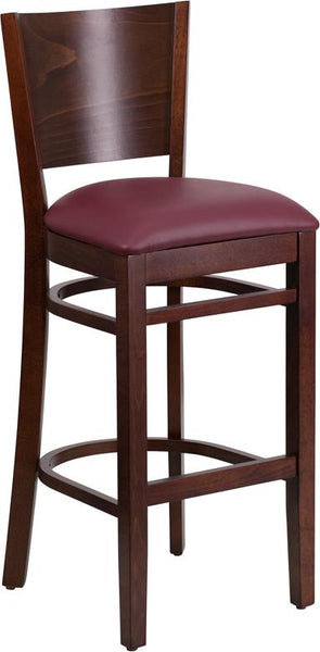 Flash Furniture Lacey Series Solid Back Walnut Wood Restaurant Barstool - Burgundy Vinyl Seat - XU-DG-W0094BAR-WAL-BURV-GG