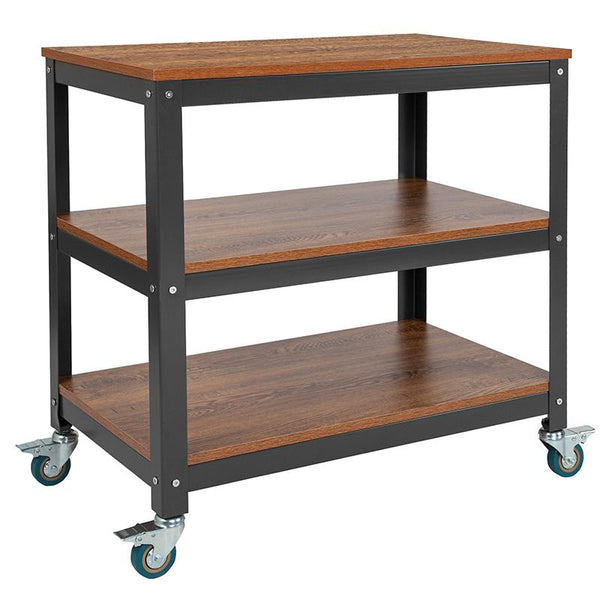 Flash Furniture Livingston Collection 30" x 30" Storage Cart in Brown Oak Wood Grain Finish with Metal Wheels - NAN-JN-2522B3-GG