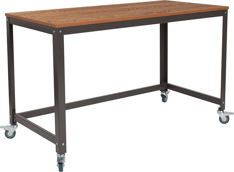 Flash Furniture Livingston Collection Computer Table and Desk in Brown Oak Wood Grain Finish with Metal Wheels - NAN-JN-2522D-GG