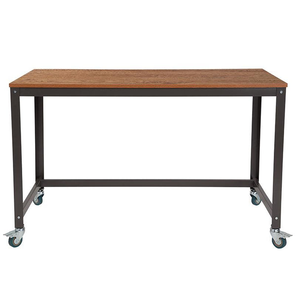 Flash Furniture Livingston Collection Computer Table and Desk in Brown Oak Wood Grain Finish with Metal Wheels - NAN-JN-2522D-GG