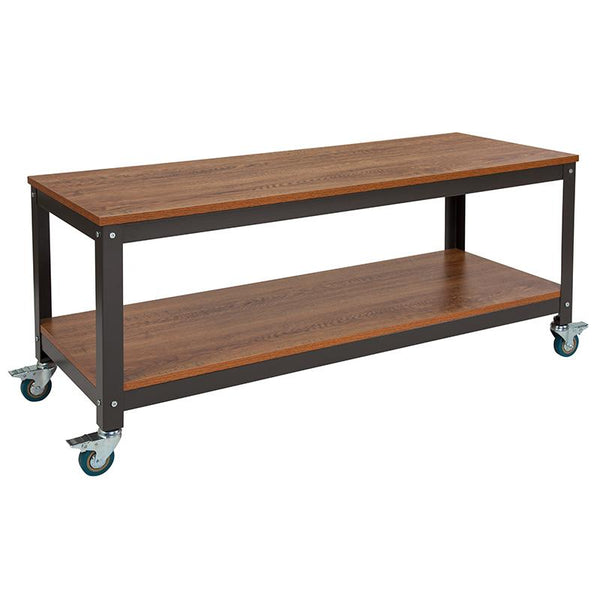 Flash Furniture Livingston Collection TV Stand in Brown Oak Wood Grain Finish with Metal Wheels - NAN-JN-2522TR-GG