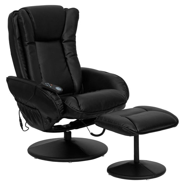 Flash Furniture Massaging Black Leather Plush Cushioned Recliner with Side Pocket and Ottoman - BT-7672-MASSAGE-BK-GG