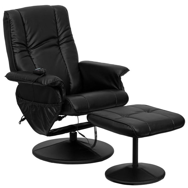 Flash Furniture Massaging Black Leather Recliner and Ottoman with Leather Wrapped Base - BT-7600P-MASSAGE-BK-GG