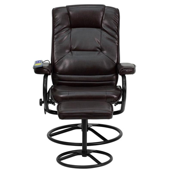 Flash Furniture Massaging Brown Leather Recliner and Ottoman with Metal Bases - BT-703-MASS-BN-GG
