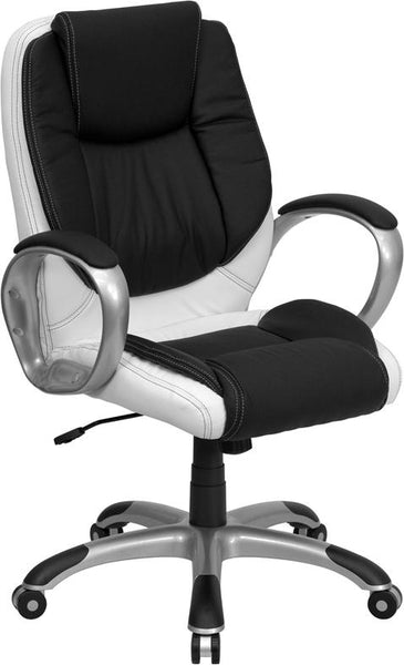 Flash Furniture Mid-Back Black and White Leather Executive Swivel Chair with Arms - CH-CX0217M-GG